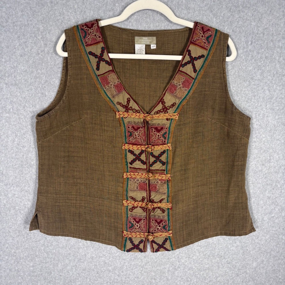The Territory Ahead Vest LP Olive Embroidered Cotton Boho Toggle Eclectic Artsy
